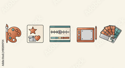 Creative design tools set: flat style icons for digital art and media projects