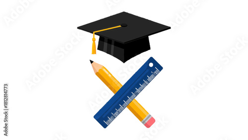 Vector illustration of graduation cap mortarboard above crossed pencil and ruler isolated on transparent background 