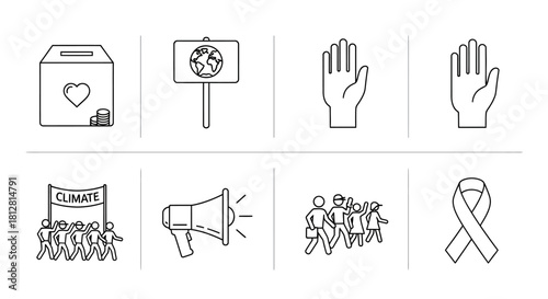 Minimalist icons for social causes and activism: climate, equality, peace
