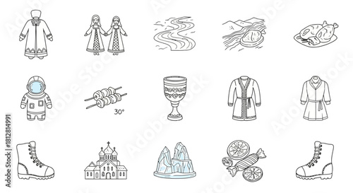 Traditional caucasian elements: clothing, cuisine, and culture in simple line art