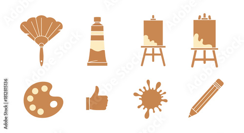 Art tools set: easel, palette, brush, pencil, and paint icons in flat style