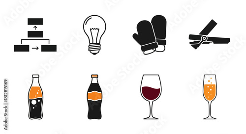 Assorted black and white icon set featuring drinks and household items
