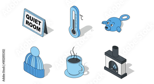 Cozy winter essentials in isometric style: quiet room, thermometer, toy, winter hat, hot drink, fireplace
