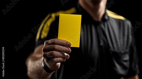 Referee showing a yellow card in a dark, dramatic setting