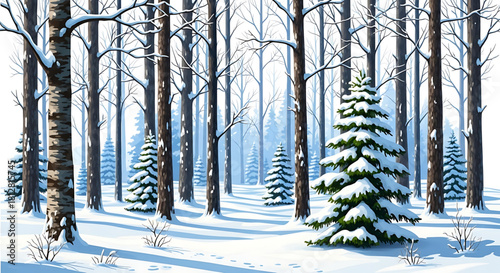 Serene winter scene in a snow-covered forest with evergreen trees.