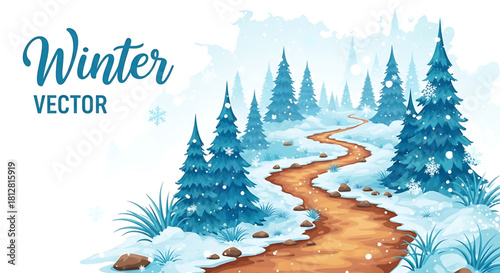 Snowy Winter Landscape Scene with Winding Path and Evergreen Trees