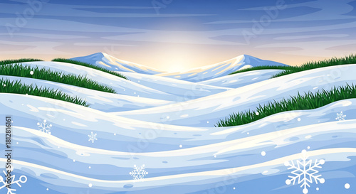 Serene Winter Landscape with Rolling Hills and Gentle Snowfall