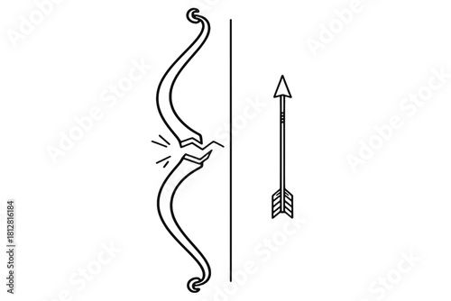 Broken bow and arrow line icon, a symbol of defeat, weakness, and failure in a minimalist style