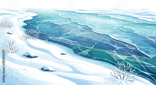 Frozen River Landscape Illustration with Snow-Covered Banks and Bare Trees
