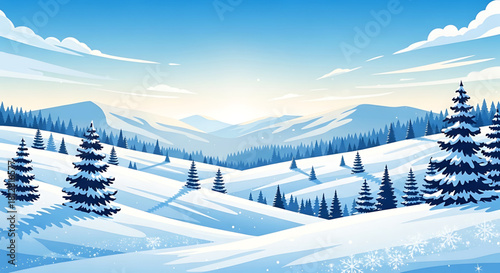 Serene winter landscape with snowy hills, pine trees, and bright sky.