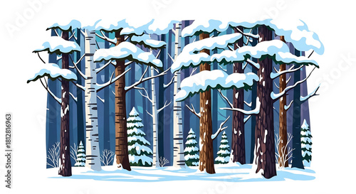 Snowy Winter Forest Scene with Trees and Snowdrifts Illustration