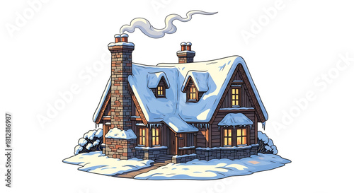 Cozy winter cottage nestled in snow, smoke rising from the chimney