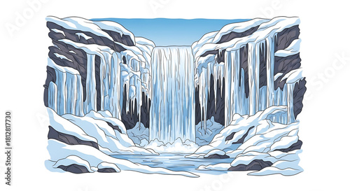 Illustrative frozen waterfall cascading down rocks covered with snow and icicles.