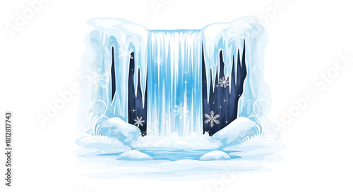 Frozen waterfall scenery with icicles and snowflakes in wintertime season.