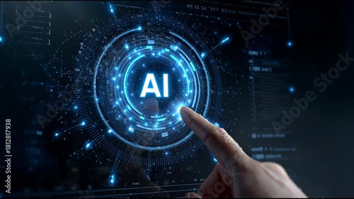 A collage of futuristic AI interface images showing digital data, holographic screens, and human hands interacting with virtual technology in a cyber-inspired environment.