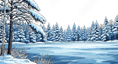Snowy landscape scene featuring frozen lake and dense forest in winter.