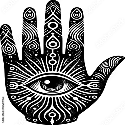 Mystical Hand of Insight: An intricate design, the palm is adorned with an all-seeing eye and complex patterns that represents spirituality, protection, and psychic powers.