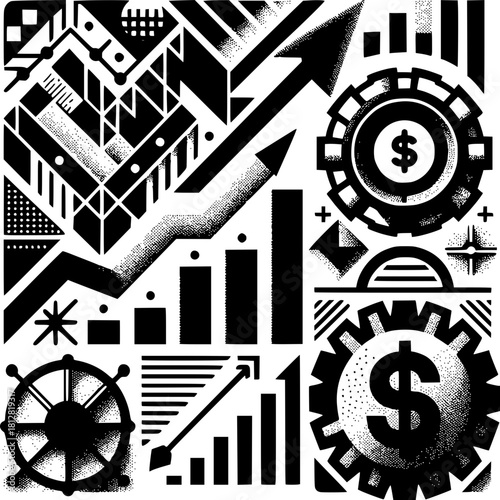 Financial Dynamics Abstract: An artistic depiction of financial growth, profit, and success. Featuring charts, arrows, and currency symbols, this graphic symbolizes business progress and achievement.