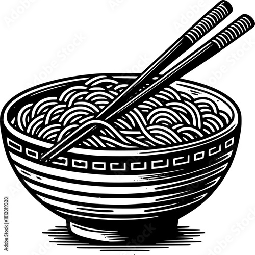 Noodle Dish with Chopsticks: A monochrome illustration of a bowl brimming with noodles and resting with a pair of chopsticks, emphasizing the essence of Asian cuisine.