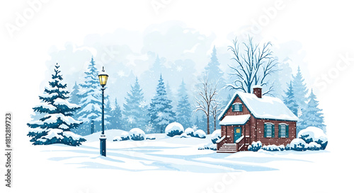 Snowy Winter Cabin Scene with Glowing Light and Peaceful Ambiance