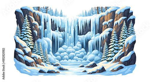 Frozen Waterfall Wonderland: A Pristine Winter Landscape with Snowy Peaks