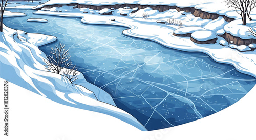 Icy River Landscape Vector Illustration in Winter with Frozen Surface