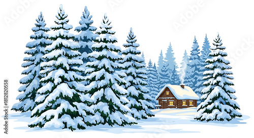 Cozy winter cabin scene nestled among snow-covered evergreen trees.