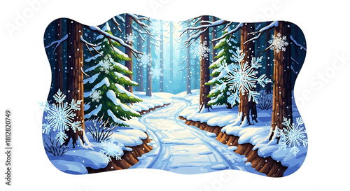 Enchanted winter forest path with magical snowflakes and serene light.