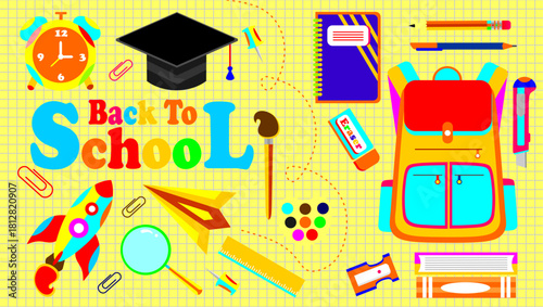 Back to school banner. Library themed set elements. School stationery stickers. Set of education elements. Collection of education school icons. Back to school clipart. Paper notebook background.