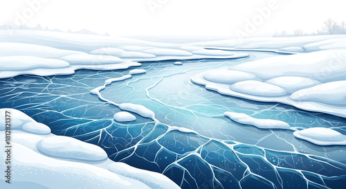 Serene winter landscape with frozen stream and snow-covered banks.