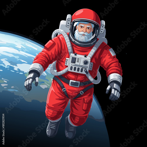 Santa Claus in space wearing a red spacesuit and floating above Earth, vector  