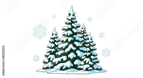 Snowy Evergreen Trees and Delicate Snowflakes on White Background Illustration