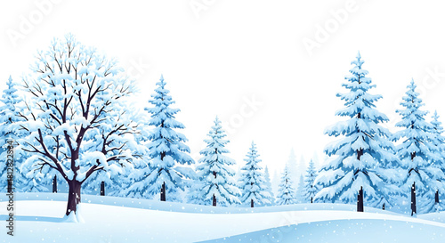 Serene winter landscape with snow covered trees and gentle snowfall