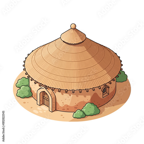 Charming Mud Hut with Thatched Roof Surrounded by Green Bushes Illustration