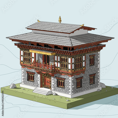 Architectural illustration of a traditional Bhutanese building design