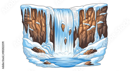Enchanting winter waterfall scene with rocks and snowy decoration vector.