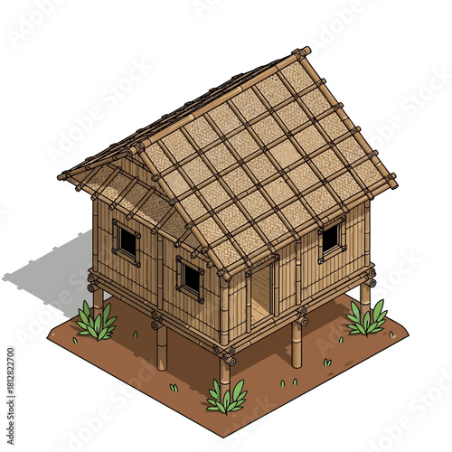 Isometric bamboo stilt house on brown soil, minimalist architectural artwork