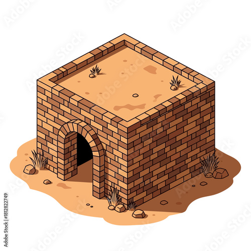 Isometric Brick Structure with Archway on Arid Landscape Illustration