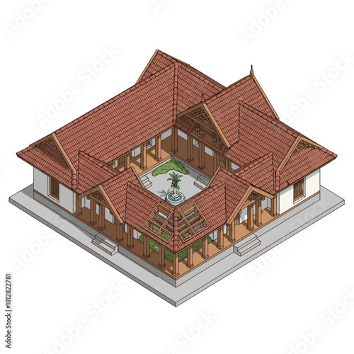Isometric depiction of a courtyard house blending traditional elements with modern design