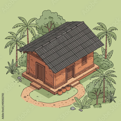 Isometric depiction of an old dwelling surrounded by tropical flora in cartoon style