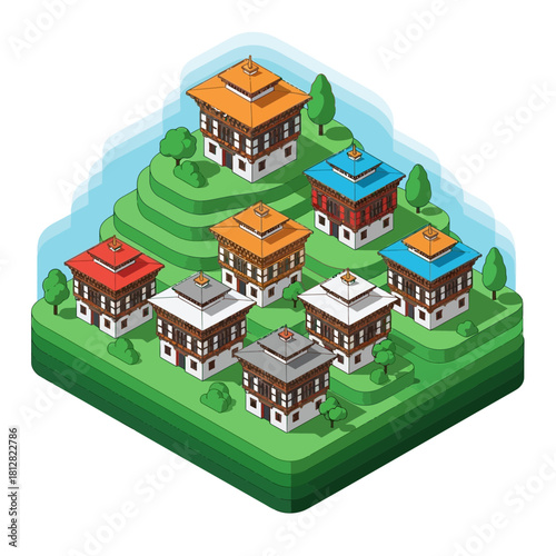 Isometric depiction of Bhutanese architecture nestled within terraced hills