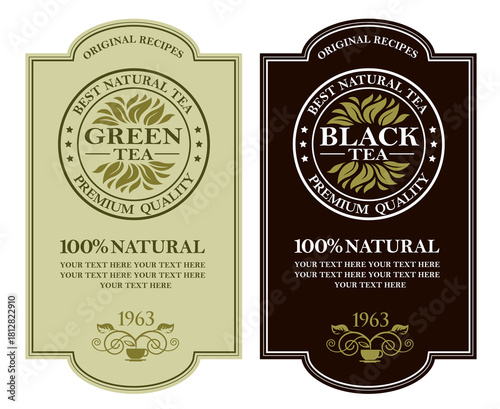 collection of green and black tea labels with leaves and cup