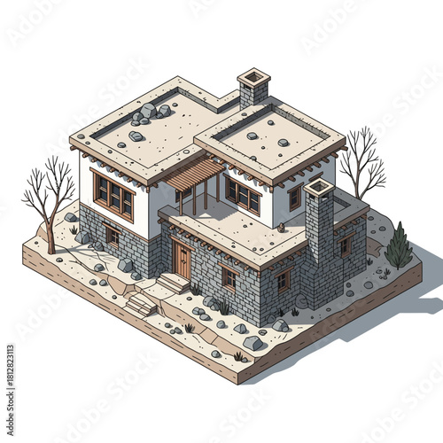 Isometric rendition of a meticulously detailed house with rustic elements