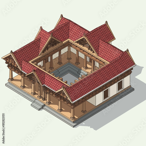 Isometric rendition of traditional Kerala architecture with central courtyard