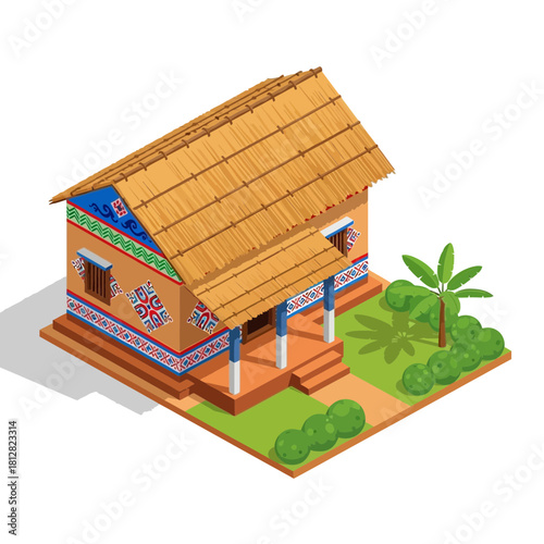 Isometric view of a traditionally decorated house with a thatched roof