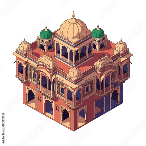 Isometric view of a decorative cartoon building with domes and arches