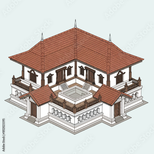 Isometric view of traditional house design with courtyard and tiled roof