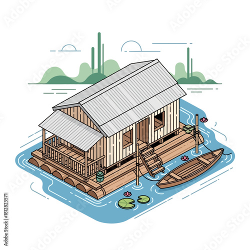 Stylized floating house illustration on water with nature backdrop design