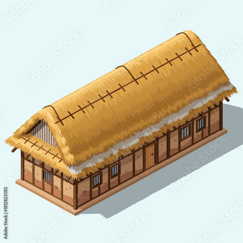 Stylized Isometric Illustration of a Thatched Roof Building with Wooden Structure
