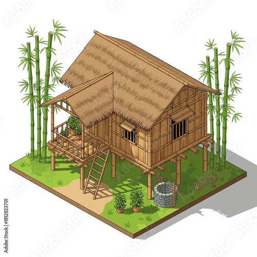 Elevated Bamboo House Isometric View: Traditional Asian Home Illustration